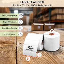 Arkscan 2 Rolls of 3 x 1 Direct Thermal Label, 1400 Labels per Roll - for Zebra & Arkscan Printers
