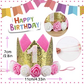 1 Jahr Geburtstag Baby Krone, Mädchen Geburtstagskrone Haarband Haarschmuck Tiara mit Pailletten Rosendekor, Glänzend Prinzessin Partyhüte Stirnband für Kinder 1.Geburtstag Geschenk Geburtstagsdeko