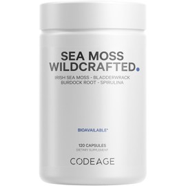 Codeage Raw Wildcrafted Irish Sea Moss Supplement, Spirulina Algae, Bladderwrack Seaweed, Burdock Root, Black Pepper, Vegan, Non-GMO, 120 Capsules