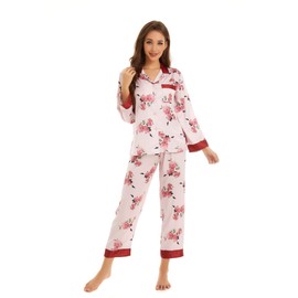 FIND BLUE Womens Silk Satin Pajamas Set Long Sleeve Two-Piece Sleepwear Button-Down Pj Set (XL, Peony Pink)