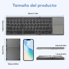 Teclado Bluetooth Plegable,Teclado Inalámbrico Portátil Tri-Plegable con Touchpad, Mini Teclado Ergonomico Plegable Ultradelgado,Sincronización de Hasta 3 Dispositivos,para Windows iOS, Android