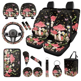 WUYOJUXA Hippie Mushroom Car Seat Covers Full Set for Women Auto Interior Seat Accessories 17 Pcs Mushroom Print Steering Wheel Cup Holders Armrest Pads Seat Belt Cover Hanging Vehicle Trash Bin