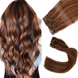 Clip in Hair Extensions, Chocolate Brown Balayage Auburn Hair Extensions Real Human Hair Clip ins Extensions 14 Inch 7 Pieces 70G Double Weft Real Hair Extensions Clip in Human Hair