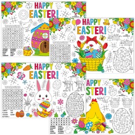OBUSATT 32 Pcs Easter Placemats Easter Coloring Paper Table Mats Easter Bunny Egg Chick Table Mats Disposable Paper Place Mats for Easter Table Decor Coloring Activity Easter Party Supplies