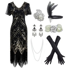 IWIWB 1920s Sequin Vintage Dress Beaded Gatsby Flapper Dress with Accessories Set (X-Large, Style02-Black&Gold)