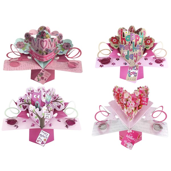 Mothers Day Pop Up Greeting Card 3D - Set of 4 - Lettering, Owl, Pink Floral and Special Mom