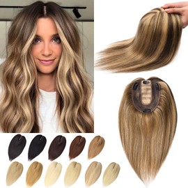 RICH BRIA Hair Toppers Real Human Hair for Women with Thinning Hair Toppers Hair Silk Base Crown Topper No Bangs Clip in Hair Toppers for Hair Loss Grey Hair 10 Inch #4P27 Medium Brown mix Dark Blonde