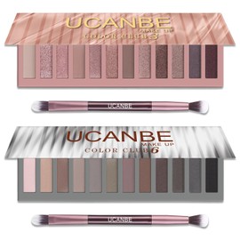 UCANBE 2 PCS Eyeshadow Makeup Palette Kit, 12 Color Naked Nude Eye Shadow Set, Neutral Matte Shimmer Make Up Pallet With Double-Ended Brush, Highly Pigmented Long Lasting Waterproof