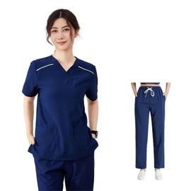 LAROTSUBA Medical Scrub Top and Bottom Set, Nurse Clothes, Nurse Goods, Beauty Uniform, V-Neck, Short Sleeve Setup, Loose Fit, Moisture Wicking, With Multiple Pockets, Stretch Suit (Navy Blue, M)