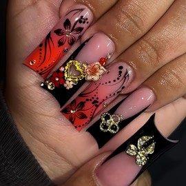 FIEONCIY Press on Nails Coffin Long Length Acrylic Glossy Full Cover Square Shaped French False Nails with Designs Artificial Extra Long Fake Nails with Charms Glue ons Fingernails for Women(C130)