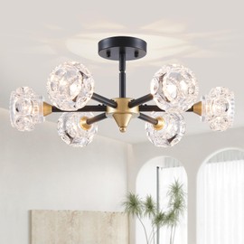 XINGQI Modern Ceiling Light 6 Lights Semi Flush Mount Sputnik Ceiling Light Fixture,Black Gold Chandeliers for Bedroom, Dining Room, Farmhouse Kitchen, Office