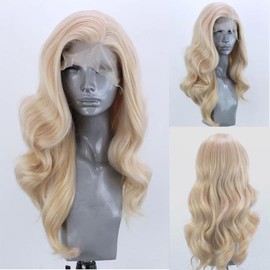 ELESTY Long Wavy Blonde Hair Synthetic Lace Front Wigs for Women Natural Hairline Heat Resistant Fiber Hair Free Part Glueless Lace Front Wigs Daily Party Lace Wigs 24Inch