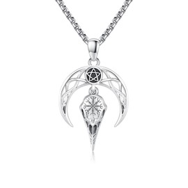 TRISHULA Raven Skull Necklace 925 Sterling Silver Viking Crow Necklace Celtic Knot Moon Necklace Witchy Jewelry for Men and Women