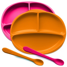 Silicone Suction Plate for Baby - 100% Food Grade Silicone Divided Plate | Toddler Self Feeding Training Suction Plate Set | BPA-Free, Microwave Dishwasher Safe Stay Put Plates (Pink & Orange)