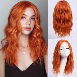 YaissmyLu Medium Length Orange Wavy Wigs for Women 18 Inch Middle Part Wavy Orange Wig Natural Looking Synthetic Heat Resistant Fiber Wig for Daily Party Use (18 inch)