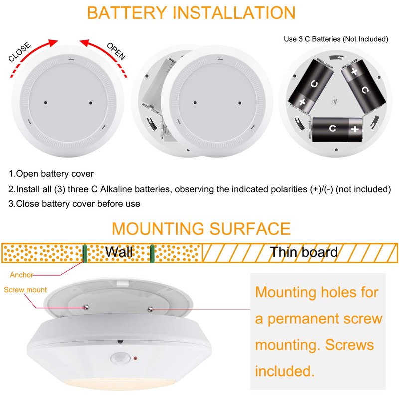 HONWELL Battery Operated LED Ceiling Light, Motion Sensor Ceiling Light,