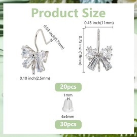 GOMAKERER Brass Stud Earring Findings, 20 Pcs Bowknot Earring Hooks and 30 Pcs Plastic Ear Nuts, Platinum Cubic Zirconia Bow Earring Earring Backs Earring Making Set for Jewelry Making