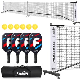 Fostoy Portable Pickleball Net with Wheels, Regulation Size 22 FT, Pickleball Set with 4 Fiberglass Paddles & 6 Pickleballs, Carry Bag, Metal Frame for Backyards, Driveways, and Garages