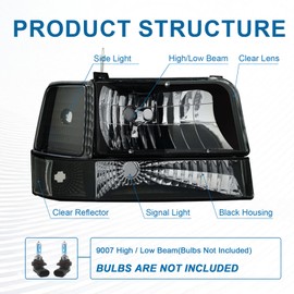 Fullux Headlights fit Ford F150 F250 F350 1992-1996 fit 1992-1996 Ford Bronco Replacements Headlamp Clear Reflector Black Housing