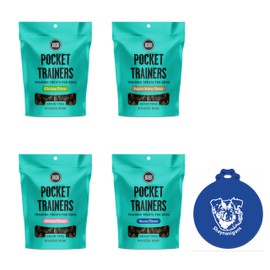 Bixbi Pocket Trainers Grain Free Dog Training 4-Flavor Treat Bundle: 1 Peanut Butter, 1 Bacon, 1 Chicken & 1 Salmon (4 Bags Total, 6 Ounces Each) Plus Shaynanigans Silicone Lid