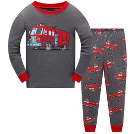 Boys Fire Truck Pajamas Back to School Outfits Long Sleeve Winter Cotton Sleepwear Toddler Pj Set Grey Matching 2 Piece Cute Kids Fireman Pjs 4t
