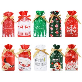 KUUQA Christmas Drawstring Gift Bags 100pcs Assorted Christmas Gift Wrapping Bags Upgraded Christmas Goodie Bags for Christmas Party Favors,10styles