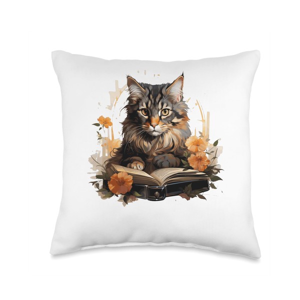 Domestic Longhair Cat Reading Book Throw Pillow, 16x16, Multicolor