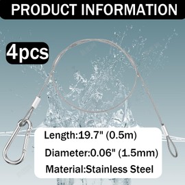 Pack of 4 Wire Rope Security Cable Lock Steel Rope with Eyelets, Loop Cable, Wire Rope Adjustable Rope Hanging, Stainless Steel Security Cable, Anti-Theft Rope, 50 cm x 1.5 mm