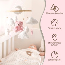 Herfair Mobile Baby Bed Bell with Teddy Bear Wooden Girls Hanging Mobile Wind Chime for Cot Bed (Pink)
