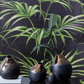 WM Charcoal gray Black green floral palm leaf tropical leaves modern wallpaper roll - sample 8.5 inches x 11 inches