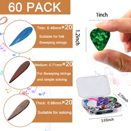 60 Pack Guitar Picks with Organizer Storage Box, 0.46 0.71 0.96 mm Includes Thin, Medium, Heavy Colorful Celluloid Guitar Picks for Acoustic Guitar Electric Guitar Bass Ukulele