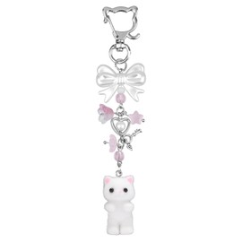 Cat Keychain, Cute Fuzzy Kitty Key Chain White Plush Cat Charm Keychain with Bow Heart Pendant Stuffed Animal Key Ring for Key Backpack Purse Phone Decor