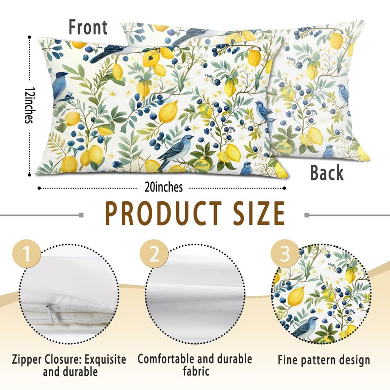 Qykwz Farmhouse Lemon Blue Bird Lumbar Pillow Cover 12x20