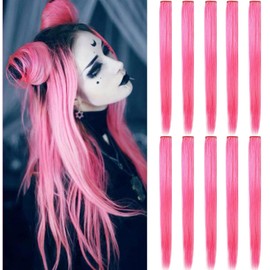 FAIRY COLOR 12 PCS Clip in Hair Extensions, 20 Inch Colored Hair Extensions Party Highlights Long Straight Synthetic Hairpieces for Women (Hot Pink)
