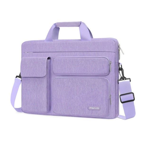 MOSISO Laptop Shoulder Messenger Bag Compatible with MacBook Air 15 inch M2 A2941 2023/Pro 16 2023-2019, 15-15.6 inch Notebook with 2 Raised&1 Flapover&1 Horizontal Pocket&Handle&Belt, Purple