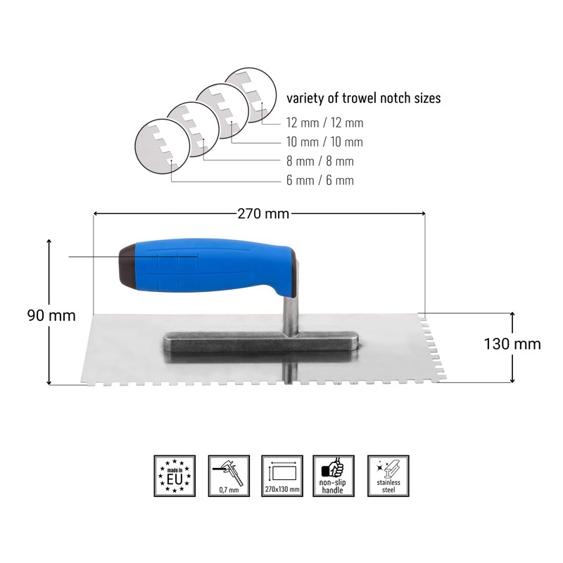 Mivos Toothed Smoothing Trowel 8 x 8 mm - Stainless