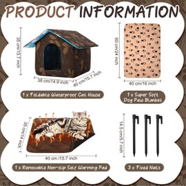 Ylinge Cat House Outdoor Waterproof Houses for Feral Cats Dogs Stray Cats Shelter Cats Dogs House Collapsible Cat House with Cat Self Warming Pad, Cat Blanket, 3 Pcs Tent Stakes (16 x 15 x 14 Inch)