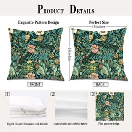 XUNLURY Vintage William Morris Floral Pillow Covers 18x18, Dark Green Cottagecore Botanical Flower Art Nouveau Decorative Throw Pillow Covers for Bedroom Living Room Home Office