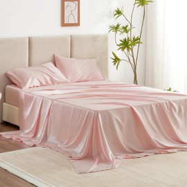 Love's cabin Full Size Satin Sheet Sets - 4 Piece Coral Silky Satin Sheet Set Full with Deep Pocket, Luxury Silk Feel Satin Bed Sheets Full Bedding Set (1 Flat Sheet,1 Fitted Sheet,2 Pillow Cases)