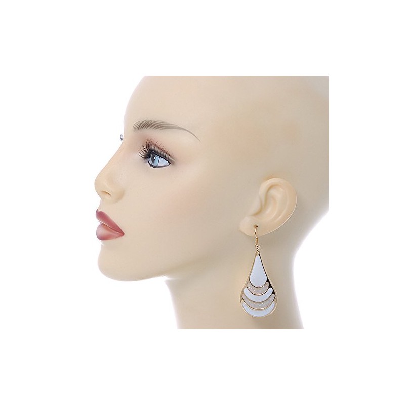 White Enamel With Glitter Element Teardrop Earrings/Gold Tone/ 65mm L