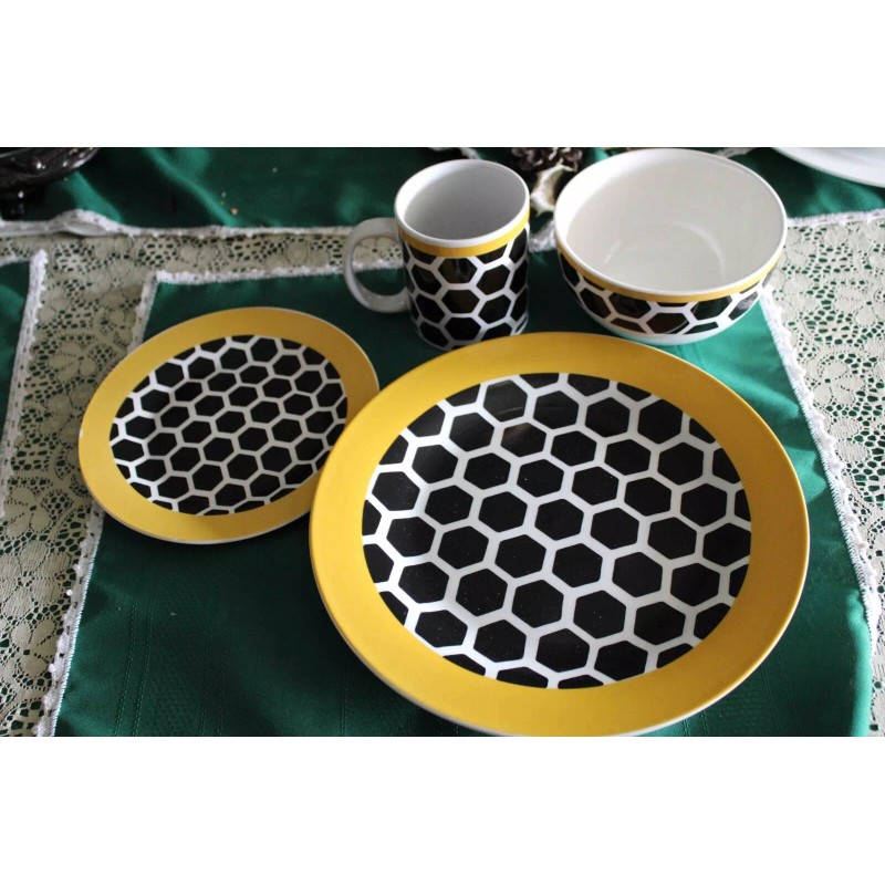 White Bee Honeycomb Black Yellow White Dinner Set of 4