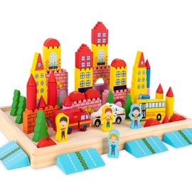ArtCreativity Wooden Town Playset for Kids - 55 Piece Block City Set - Wooden City Building Blocks Play Set with Buildings, Trees, Vehicles, and People - Wooden Tray for Storage and Display