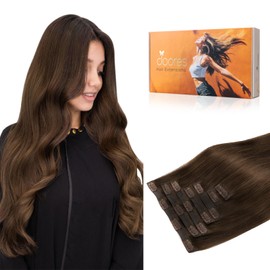 DOORES Human Hair Clip in Extensions, Chocolate Brown 12 Inch 7pcs 80g, Seamless Clip in Hair Extensions Seamless Weft Remy Thick Hair Straight Natural Invisi Edge Weft