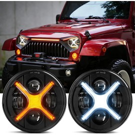 X-Design 7 Inch Round LED Headlights Compatible with Jeep Wrangler JK TJ LJ, High Performance Projector Eyes with White X-Shape DRL & Amber Signal, DOT SAE Legal