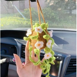 SDFRT Crochet Hanging Plant for Car, Cute Car Plant Accessories, Boho Car Plant Crochet Hanging Basket Mini Macrame Plant Car Accessories Rear View Mirror Charm (Khaki Basket + White Flowers)