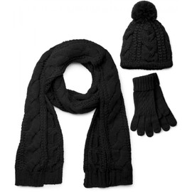 styleBREAKER Women's Scarf, Hat & Gloves Set, Cable Stitch Knitted Scarf with Bobble Hat and Gloves, 01018208 -