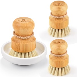 Bamboo Dish Scrub Brushes,Kitchen Wooden Cleaning Scrubbers Set for Washing Cast Iron Pan/Pot, Natural Sisal Bristles, Set of 3