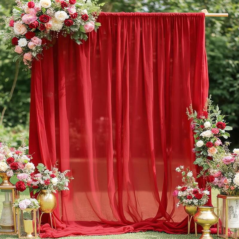 FANPROMS Red Sheer Backdrop Curtains 5x10ft 2 Panels Chiffon Fabric