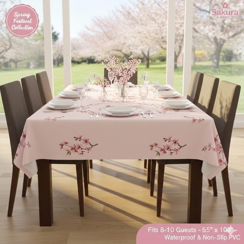 Cherry Blossom Pink Floral Tablecloth,Spring Tablecloth Rectangle, Japanese Tablecloth for