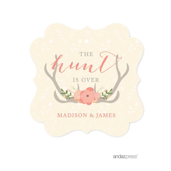 Andaz Press Woodland Deer Wedding Collection, Personalized Fancy Frame Gift Tags, The Hunt is Over, 24-Pack, Custom Name